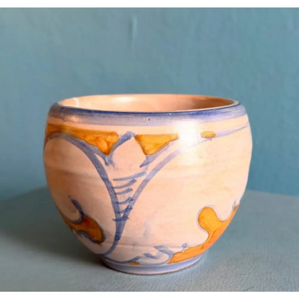 Italian Handpainted Majolica Signed Studio Pottery Cup Vase Blue Orange Wave